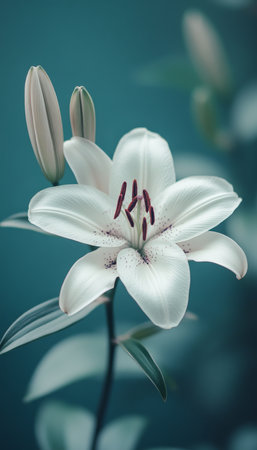 Elegant White Lily Flower on Turquoise Background Close-Up with Soft Bokeh, Tranquility, and Beautyの素材