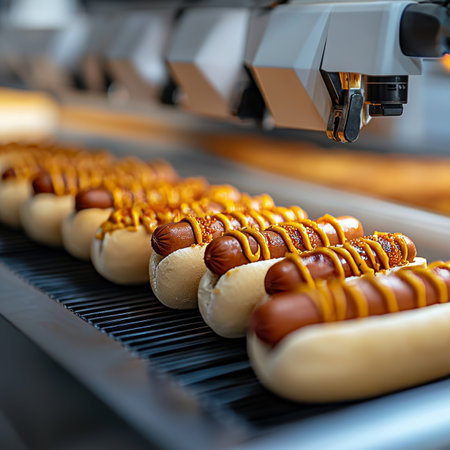 Automated Food Production Robot Chef Prepares Hot Dogs with Mustard in a Modern Kitchenの素材