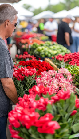 Man Browsing Vibrant Selection of Fresh Flowers and Seasonal Produce at Outdoor Marketの素材