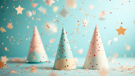 Festive Celebration Background Pastel Party Hats and Gold Confetti Rain on Light Blue Backdropの素材