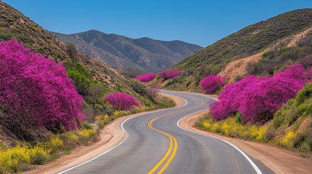 Winding Mountain Road Through Spring Bloom, Scenic Landscape With Pink Flowers And Blue Skyの素材