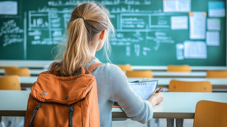 Focused Student Prepares For Class With Notebook, Backpack, and Desks In Modern Classroom.の素材