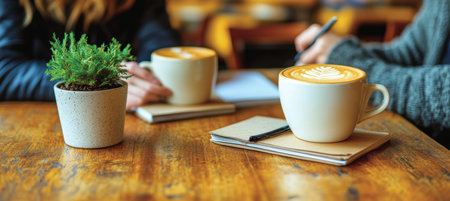Couple Enjoys Coffee and Journaling at Cozy Cafe Table, Lifestyle and Self-Care Conceptの素材