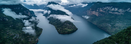 Serene Emerald River Carving Through Misty Mountain Valley With Vibrant Nature And Hiking Trailsの素材