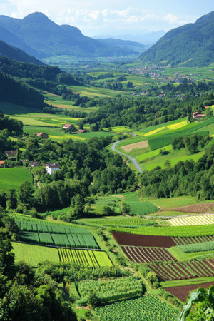 Geometric Farmland Vista Vibrant Green and Yellow Fields in Rural Picturesque Valleyの素材