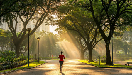 Woman Jogging in Morning Sunlight Through a Lush, Green City Park. Active, Healthy Lifestyle.の素材