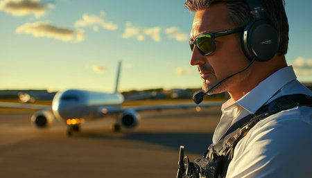 Serious Airport Worker in Sunglasses and Headset with Passenger Airplane on Background,の素材