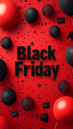 Black Friday Sale Background Design With Realistic Balloons, Discount Tags, And Confetti,の素材
