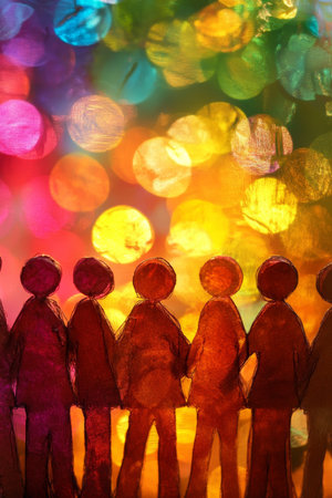 Silhouetted Figures Connected Against, Colorful Background Symbolizing Community and Collaboration.の素材