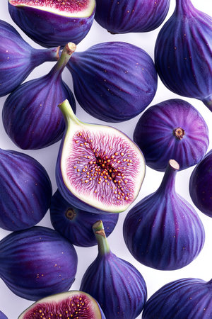 Ripe Purple Figs on White A Collection of Whole and Halved Fruits Showcasing Juicy Textureの素材