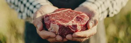 Farmer Holds Fresh, Raw Steak Out in a Field . Fresh From Farm to Tabel Culinary Experienceの素材