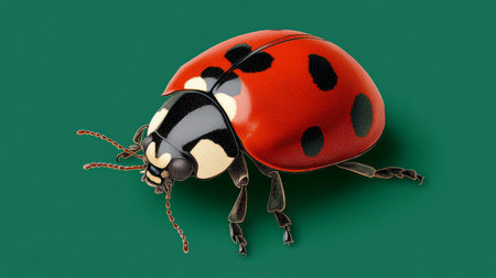 Close-up of a Seven-Spotted Ladybug on a Vibrant Green Background, Insect Photographyの素材