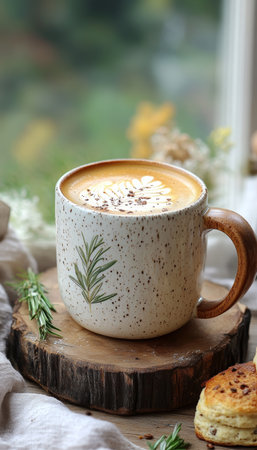Cozy Autumn Vibes Latte Art with Leaf Design, Rosemary, and Savory Scones on Rustic Wooden Tableの素材