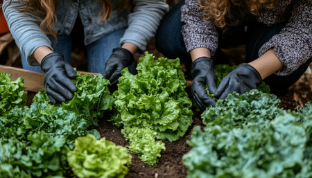 Two people wearing gardening gloves tend to fresh lettuce and kale in a raised garden bed.の素材