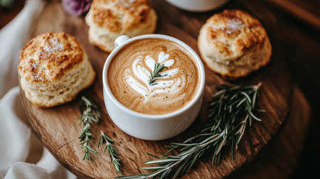 Aromatic Latte with Fresh Rosemary, Savory Scones, Enhancing a Cozy Breakfast Settingの素材