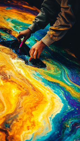 Artist s Hands Creating Vibrant Abstract Fluid Art, Mixing Swirling Colors and Golden Accentsの素材