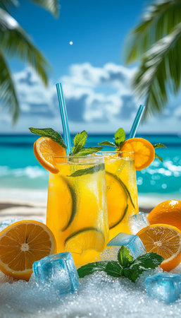 Two Refreshing Summer Citrus Cocktails Garnished with Orange and Mint on a Tropical Beachの素材
