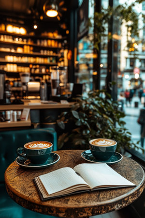 Cozy Coffee Shop Open Notebook and Two Aromatic Cappuccinos on Rustic Table, Inviting Creativityの素材
