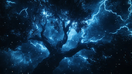 Electric Blue Lightning Branches Across Night Sky, Oak Tree Silhouette, Dramatic Storm, 3D Renderの素材