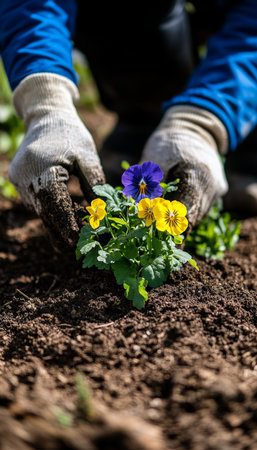 Gloved Hands Delicately Planting Colorful Pansies, Bringing Life and Color to Garden Soil.の素材