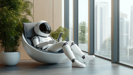 Sleek Humanoid Robot Enjoys Work Break, Using Mobile Phone in Modern Office, Futuristic Techの素材