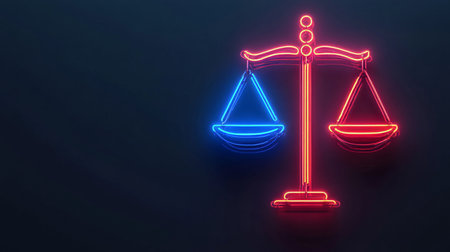 Neon Libra Scales Vibrant Symbol of Law, Justice, And Balance Against a Dark Backgroundの素材