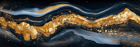 Black and Gold Marble Background, Abstract Fluid Art Pattern with Golden Swirls and Wavesの素材