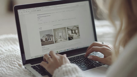 Woman browsing real estate listings, searching for a new house, home buying, property searchの素材