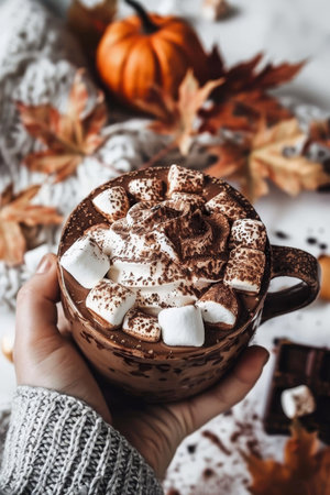 Cozy Autumn Still Life. Mug with Hot Chocolate, Marshmallow, Cocoa Powder and Pumpkin on Backgroundの素材
