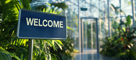 Welcome Sign Greets Visitors to Lush Greenhouse, Tropical Plants Flourish in Natural Lightの素材