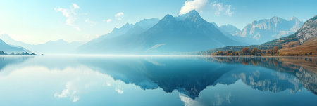 Serene Mountain Lake Reflection, Tranquil Scenic Panoramic Blue Nature Background With Treesの素材