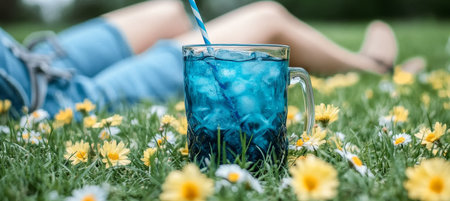 Blue Drink Refreshment, Summer Blooms, and Relaxation Embracing Tranquility in Nature s Embraceの素材