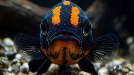 Close-Up of Striking Orange and Black Fish with Large Eyes. Aquatic Animal Portrait, Aquarium Lifeの素材