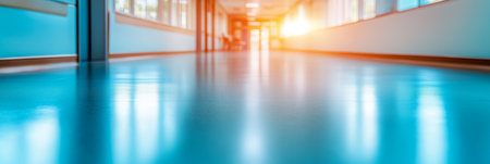 Blurred Hospital Corridor With Blue Floor, Medical Building Hallway With Bright Light Backgroundの素材