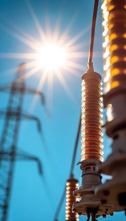 High Voltage Power Substation Under a Bright Blue Sky Industrial Infrastructure Stock Photoの素材