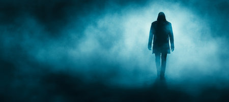 Lonely Male Silhouette Walks Away in Fog. Loneliness, Addiction, Depression, Suicide Concept.の素材