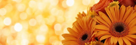 Vibrant Orange Gerbera Daisies And Roses On A Sparkling Golden Background With Copy Spaceの素材
