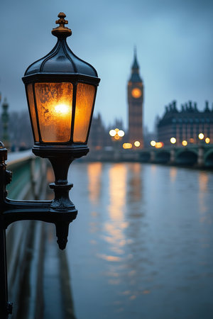 London, England. Illuminated lamp post on Westminster Bridge and Houses of Parliament at twilight.の素材