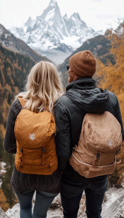 Couple Backpackers Enjoying Mountain View, Exploring Nature Together, Hiking Adventureの素材
