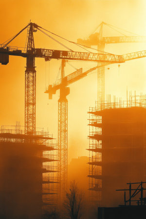 Urban Sunrise Silhouettes Of Construction Cranes And Scaffolding Against A Vibrant Yellow Sky.の素材