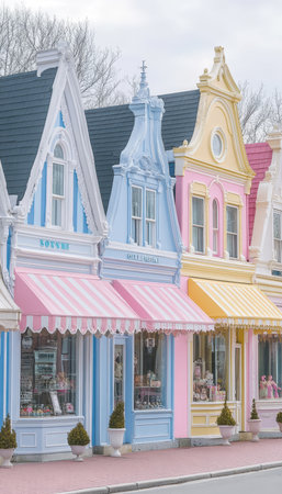 Whimsical Retail Row Pastel-Colored Storefronts with Striped Awnings, Exuding a Cheerful Charmの素材