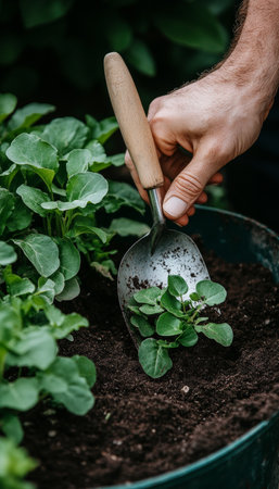 Gardener plants seedlings in rich soil, close up shot. Gardening concept, springtime plantingの素材