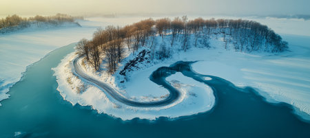 Frozen River Winding Through Snow Covered Island With Trees, Winter Scene, Aerial Viewの素材