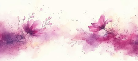 Romantic Abstract Floral Background, Watercolor Delicate Pink Flowers and Splashes, Artful Bannerの素材