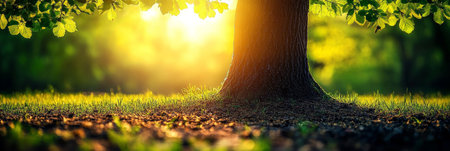 Golden Hour Tranquility Dappled Sunlight through Forest Trees, Peaceful Nature Sceneの素材