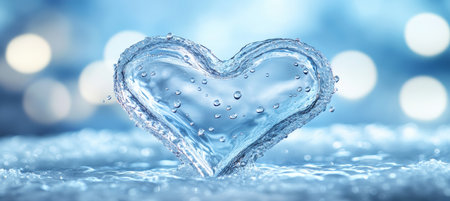 Clear Water Heart with Splashing Motion, Valentine s Day Concept, Isolated on Blue Backgroundの素材