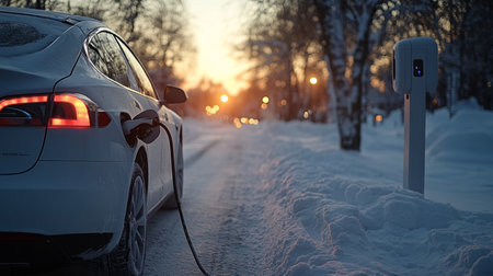 Electric Vehicle Charging at Sunset in Winter Wonderland. Eco-Friendly Transportationの素材