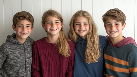 Four Happy Children, Two Boys and Two Girls, Smiling Together, Studio Portrait on White Backgroundの素材