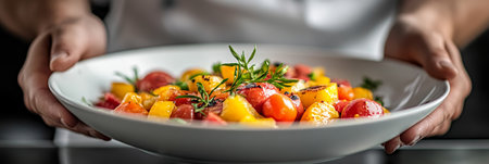 Chef Holds Out Fresh, Bright Salad With Herbs, tomatoes And Garnishes, Food And Culinary Imageの素材