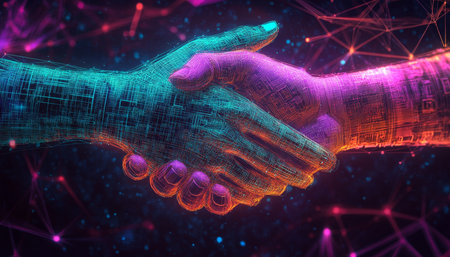 Digital Handshake on Cryptocurrency Network, Blockchain Technology, Fintech Investmentの素材